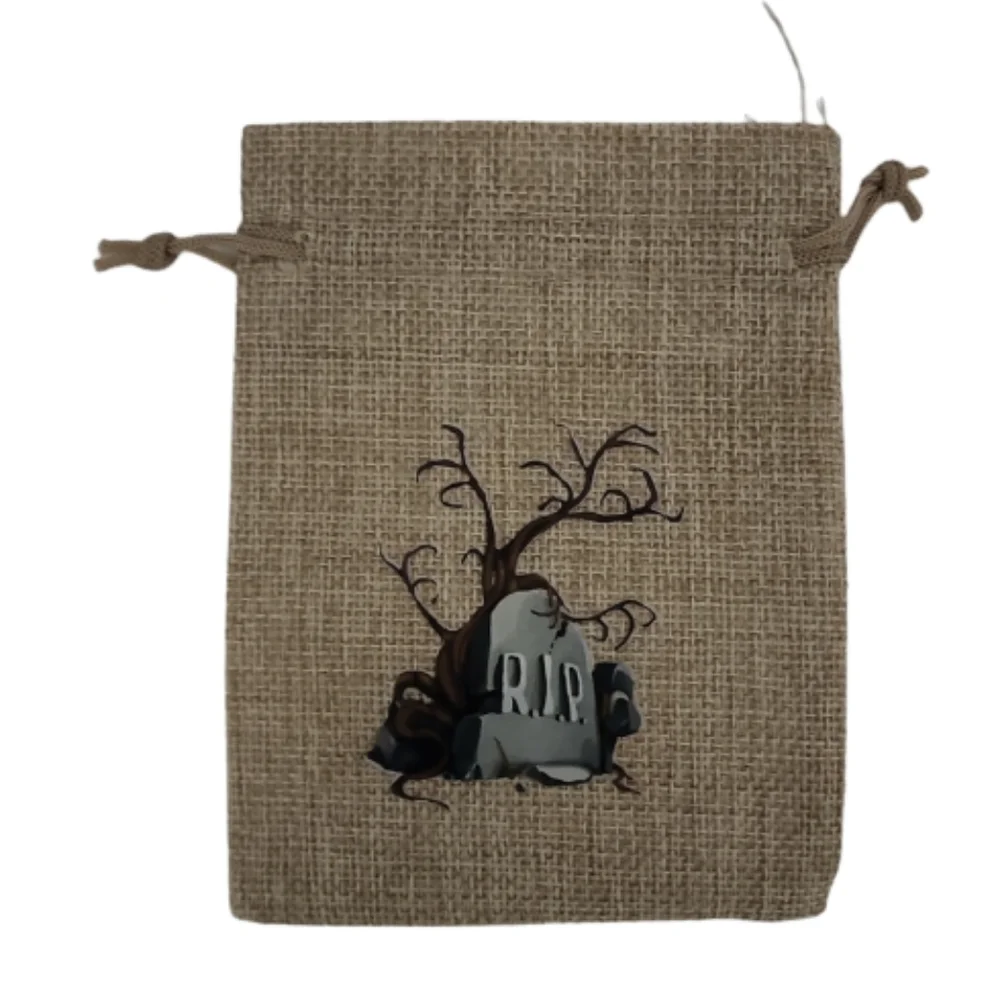 10 Pack- Halloween Burlap Gift Bag w/drawstring, RIP Design